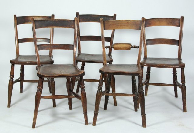 Five splat back chairs in elm