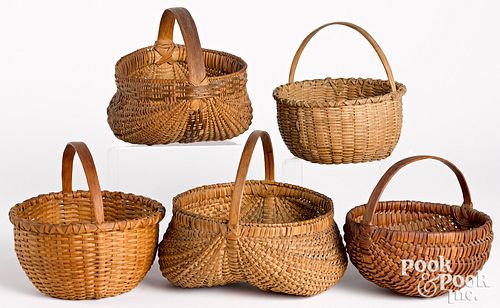 FIVE SPLIT OAK BASKETS, EARLY