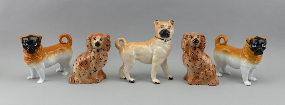 FIVE STAFFORDSHIRE DOG FIGURES