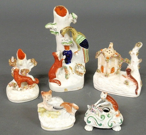 Five Staffordshire fox figural