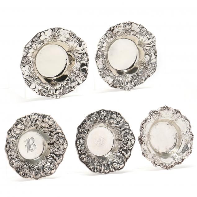 FIVE STERLING SILVER NUT BOWLS BY
