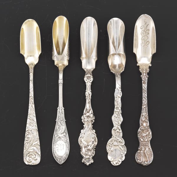 FIVE STERLING SILVER SCOOPS, BY