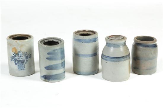 FIVE STONEWARE CANNING JARS. 