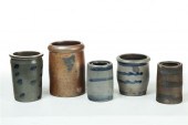 FIVE STONEWARE JARS.  American