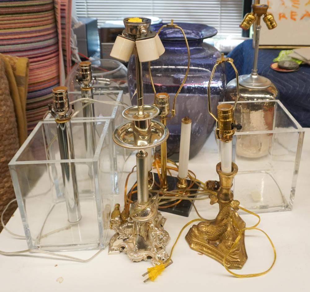 FIVE TABLE LAMPS AND PALE GLASS