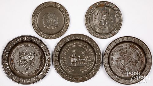 FIVE TIN ABC PLATES, CA. 1900Five
