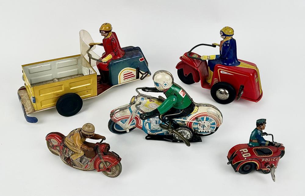 FIVE TIN TOY MOTORCYCLES 20TH