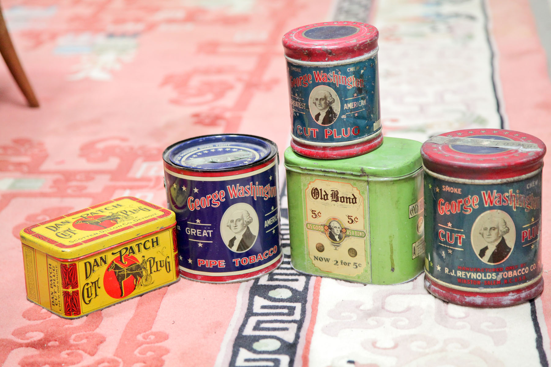 FIVE TOBACCO TINS.  American 