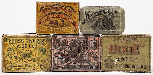 FIVE TOBACCO TINSFive Tobacco Tins.