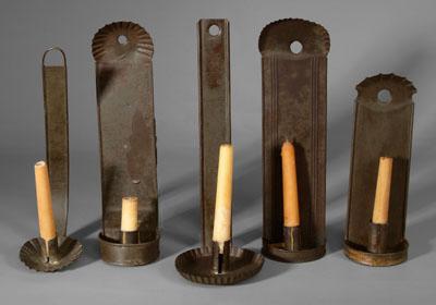 Five tole sconces: three with