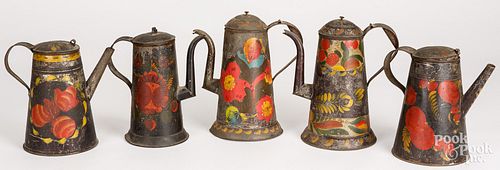 FIVE TOLEWARE COFFEEPOTS, 19TH