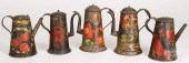 FIVE TOLEWARE COFFEEPOTS, 19TH