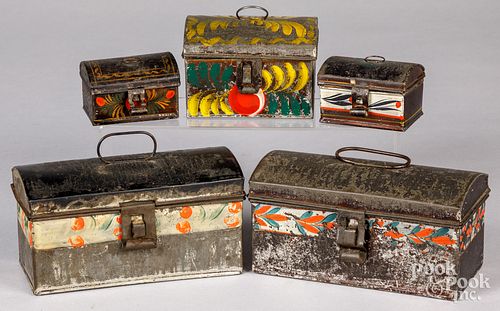 FIVE TOLEWARE DOME TOP BOXES,