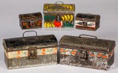 FIVE TOLEWARE DOME TOP BOXES,