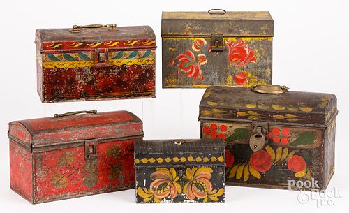 FIVE TOLEWARE DRESSER BOXES, 19TH