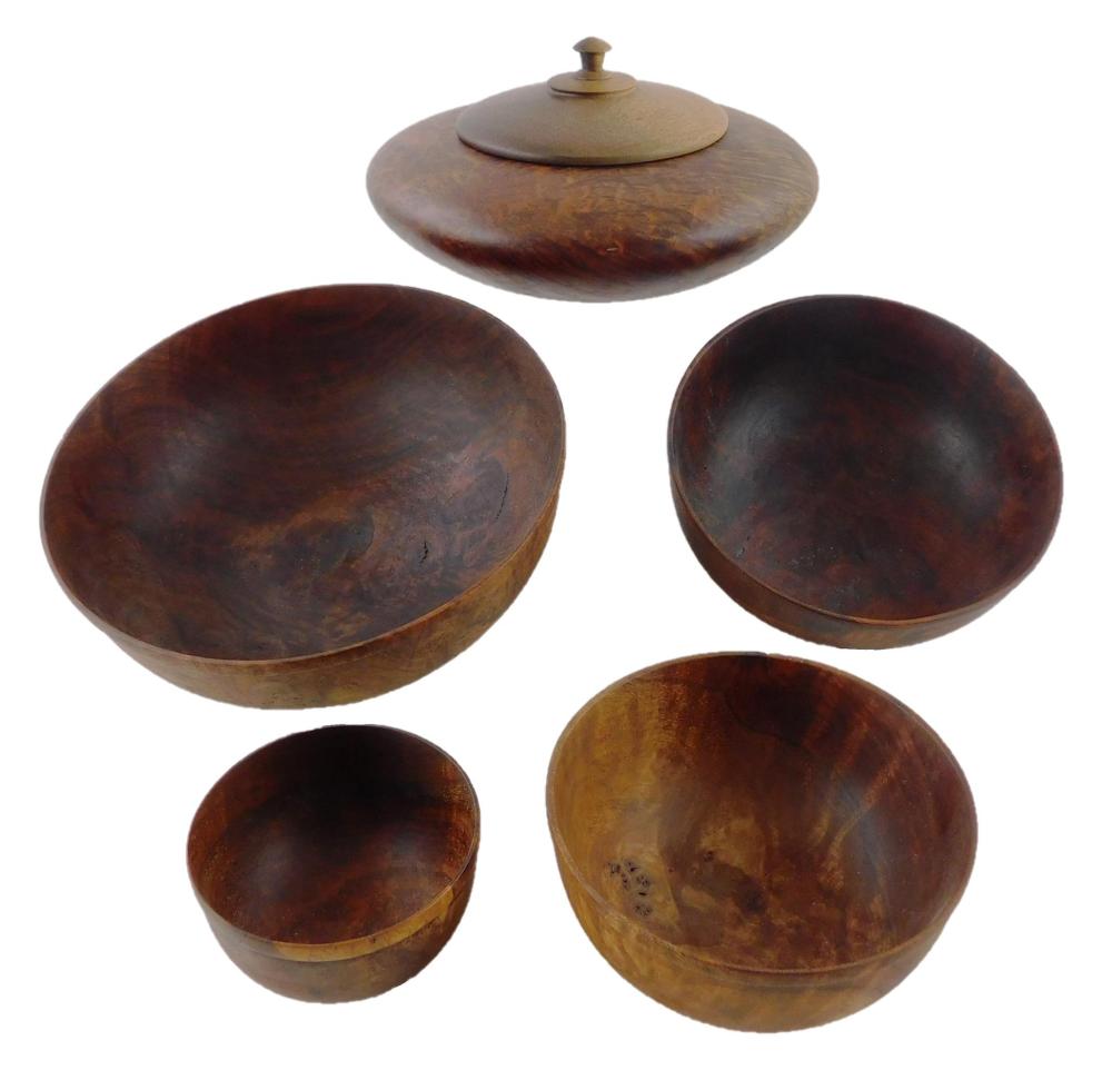 +FIVE TURNED WOOD BOWLS: A SET OF