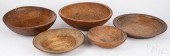 FIVE TURNED WOOD BOWLS AND TRA