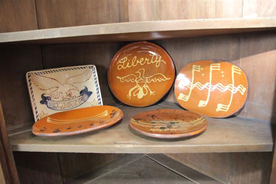 FIVE TURTLE CREEK REDWARE DISHES.