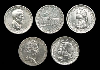 Five U.S. commemorative silver half