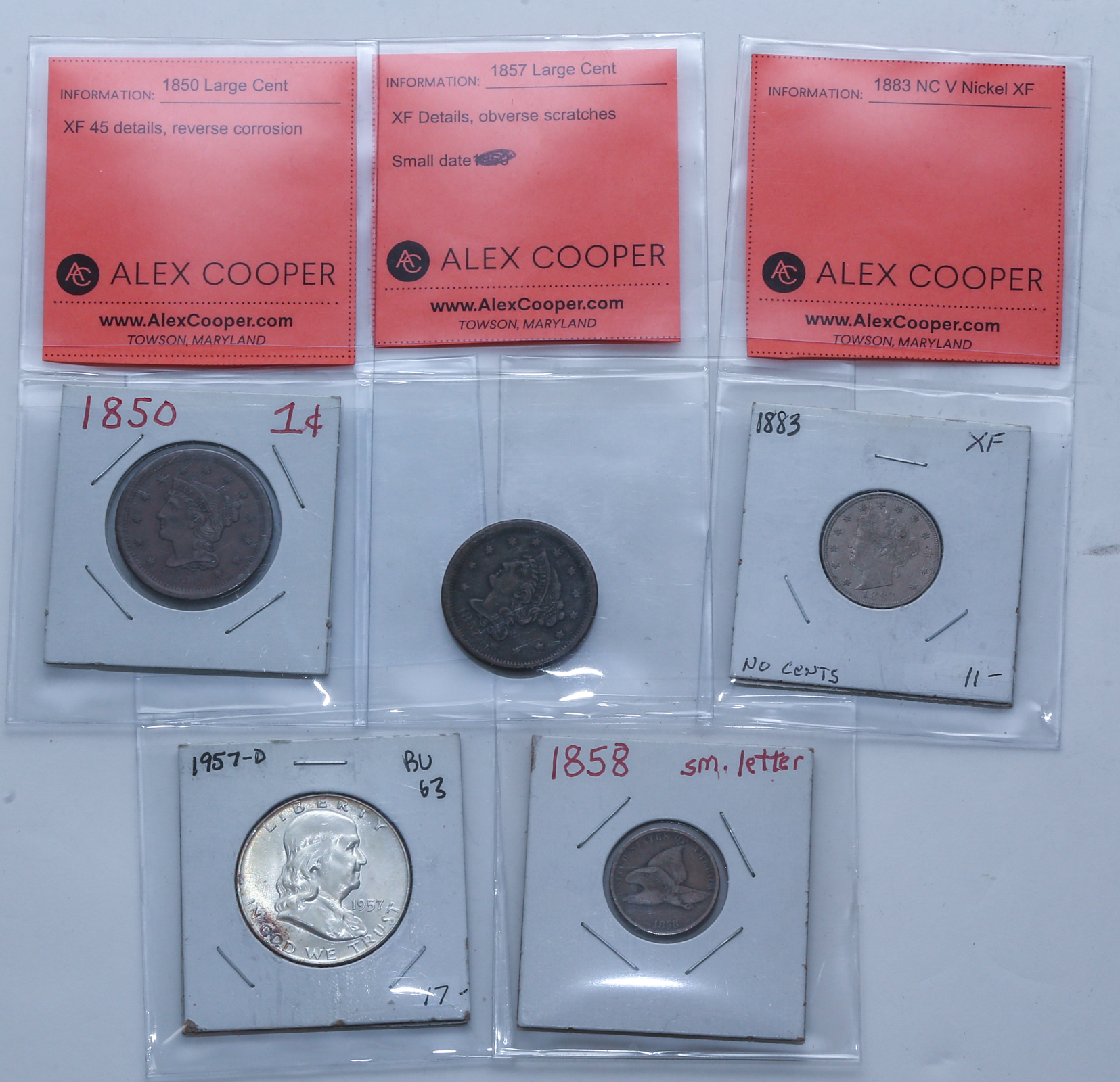 FIVE US TYPE COINS 1850 Large