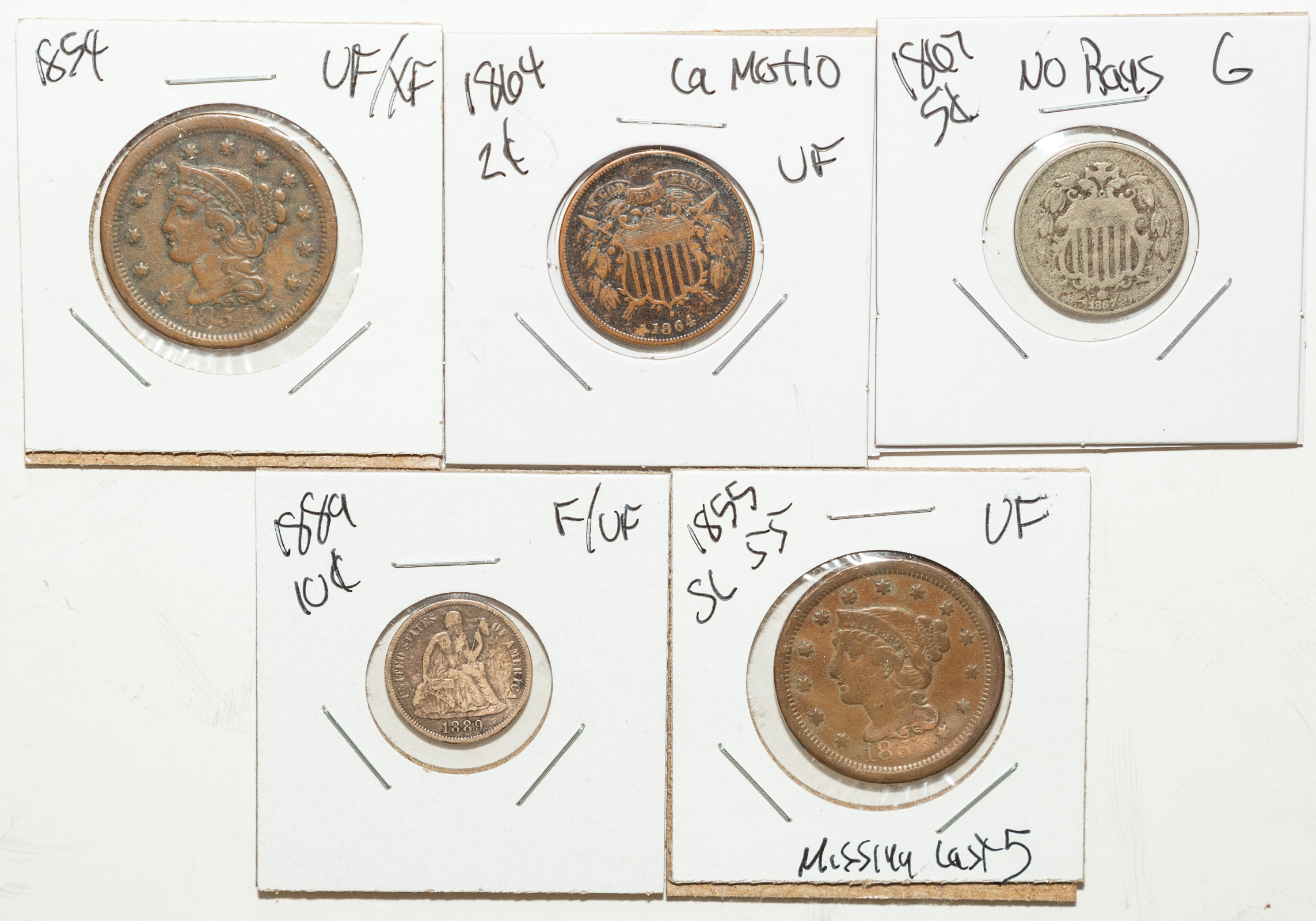 FIVE US TYPE COINS 1864 2 Cent Lg