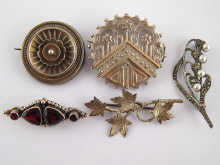 Five various silver brooches