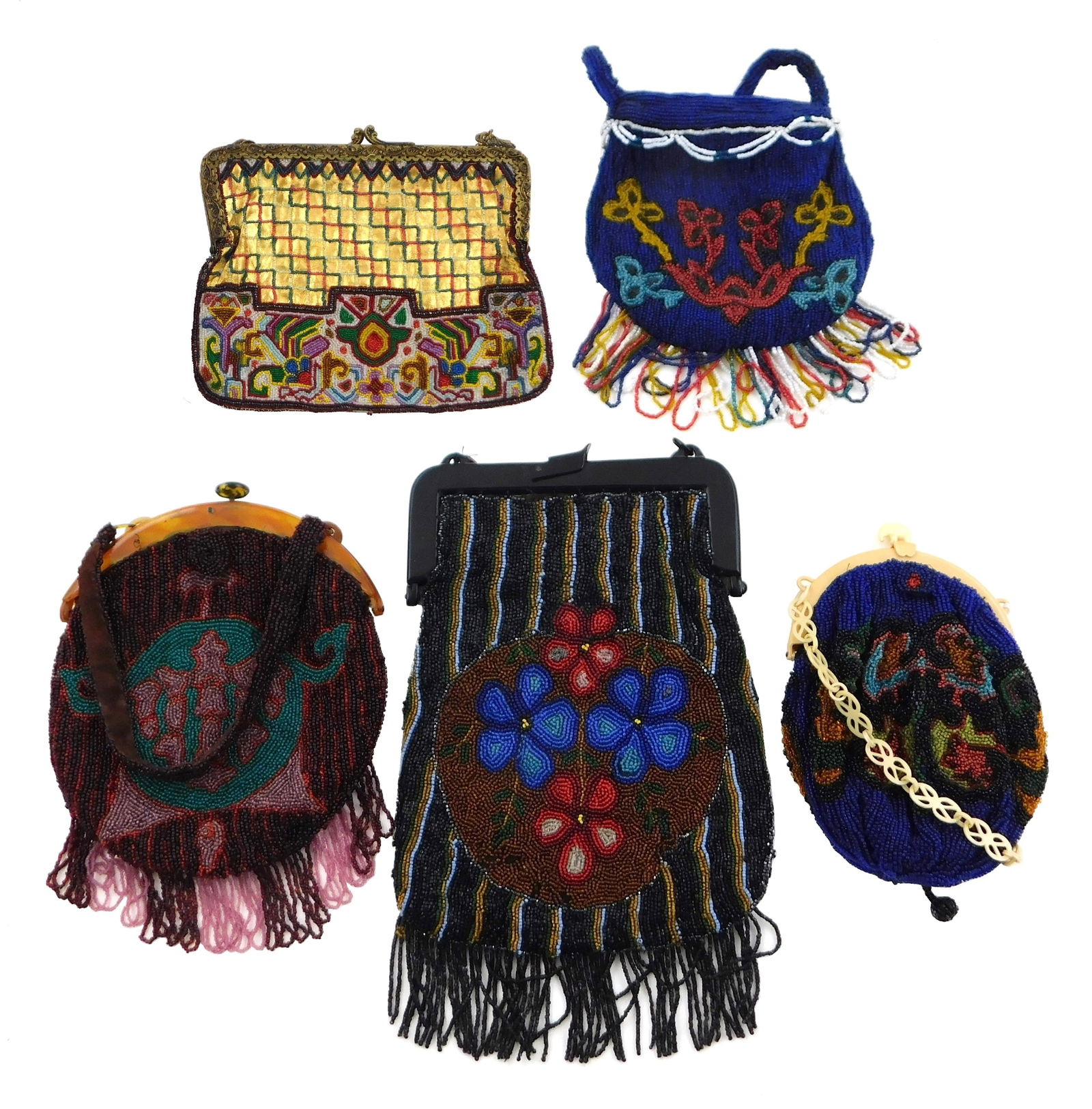 FIVE VINTAGE BEADWORK PURSES, EARLY