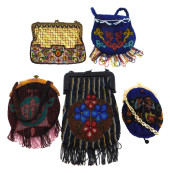 FIVE VINTAGE BEADWORK PURSES,