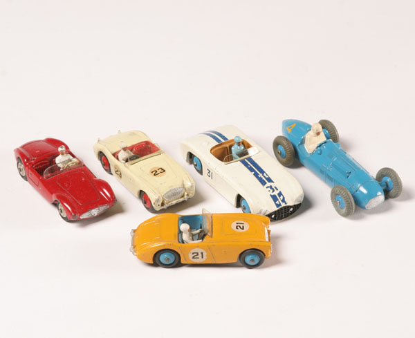 Five vintage Dinky die cast racers;