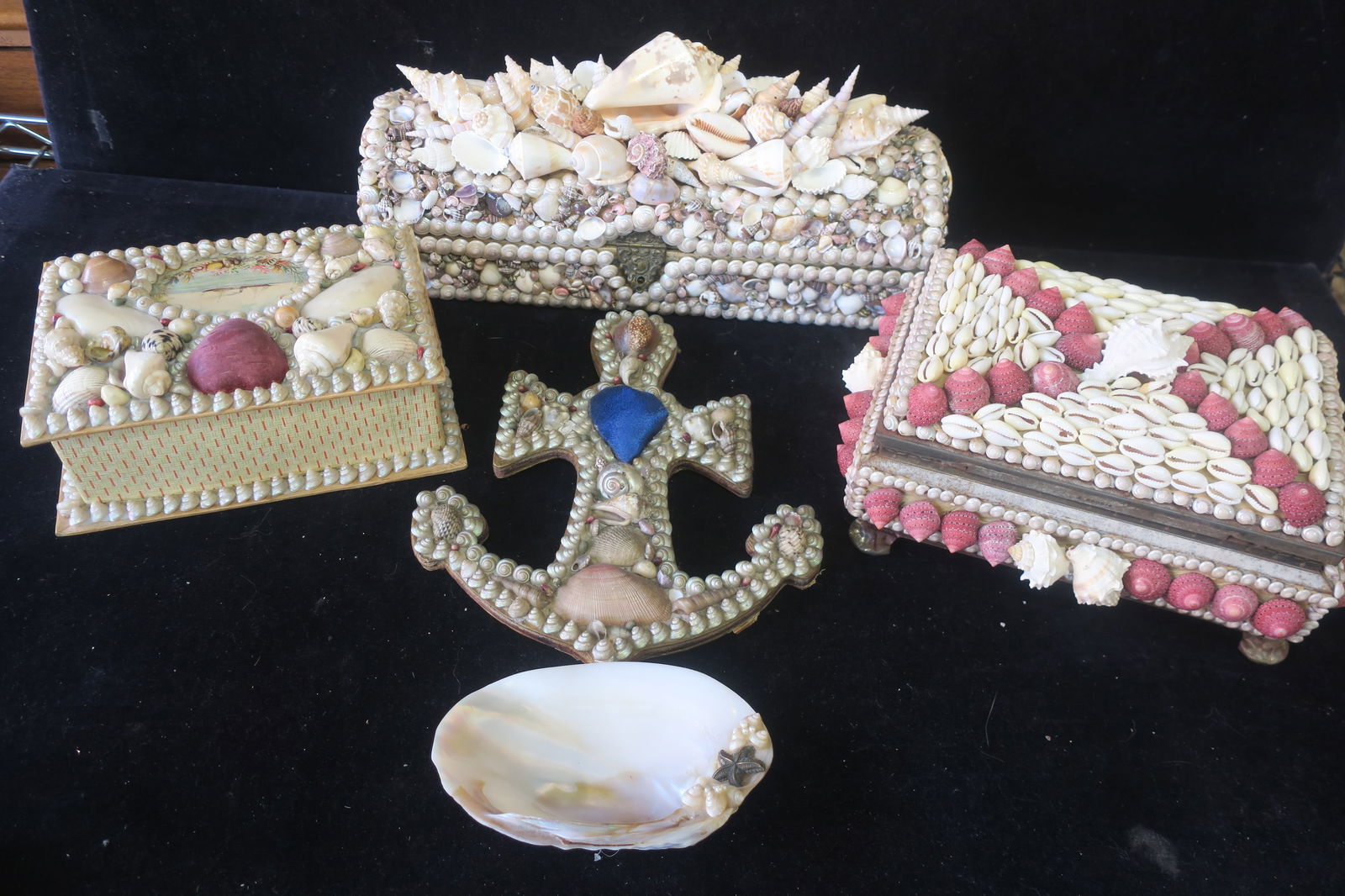 FIVE VINTAGE SAILOR'S SHELL ART