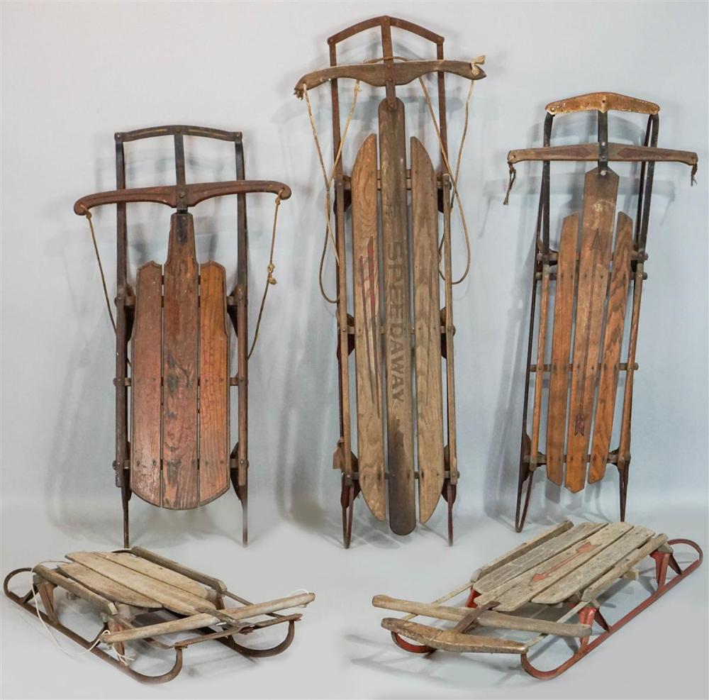 FIVE VINTAGE WOOD SLEDS - RADIO