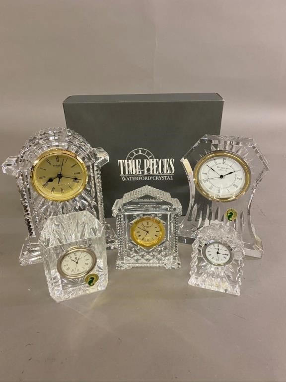 Five Waterford clocks Largest 7"h