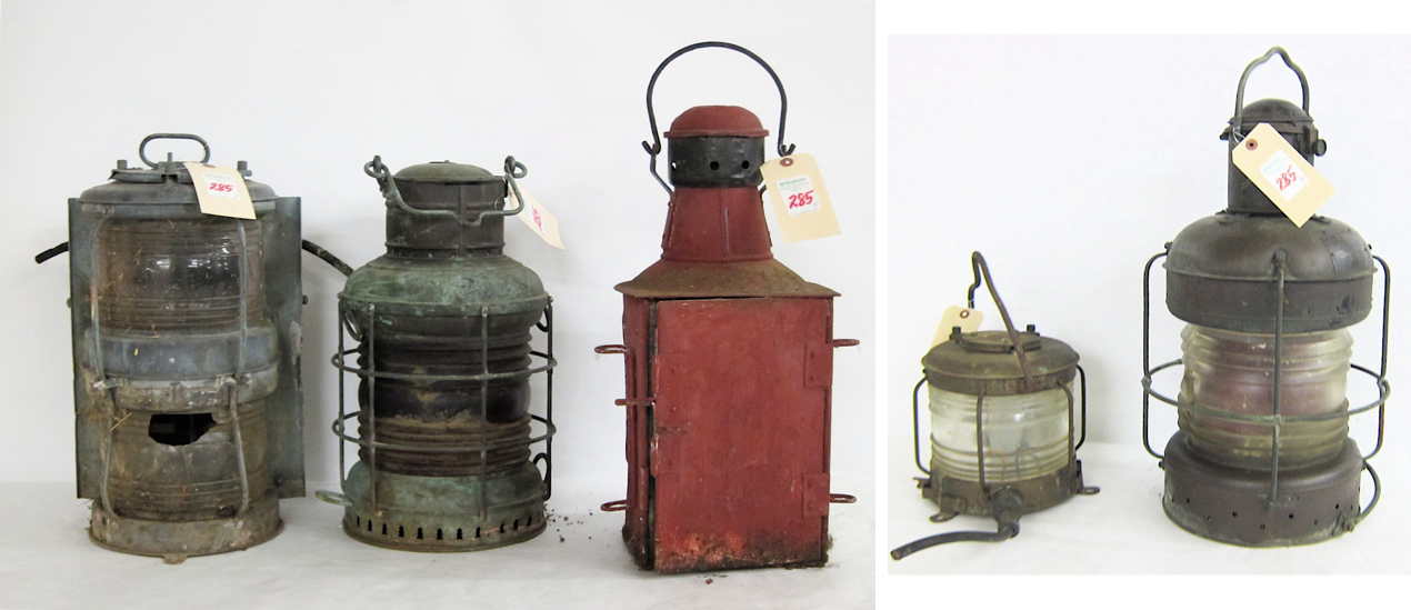 FIVE WEATHERED MARINE LANTERNS 20th