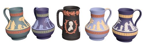 FIVE WEDGWOOD TRI-COLOR PITCHERS,