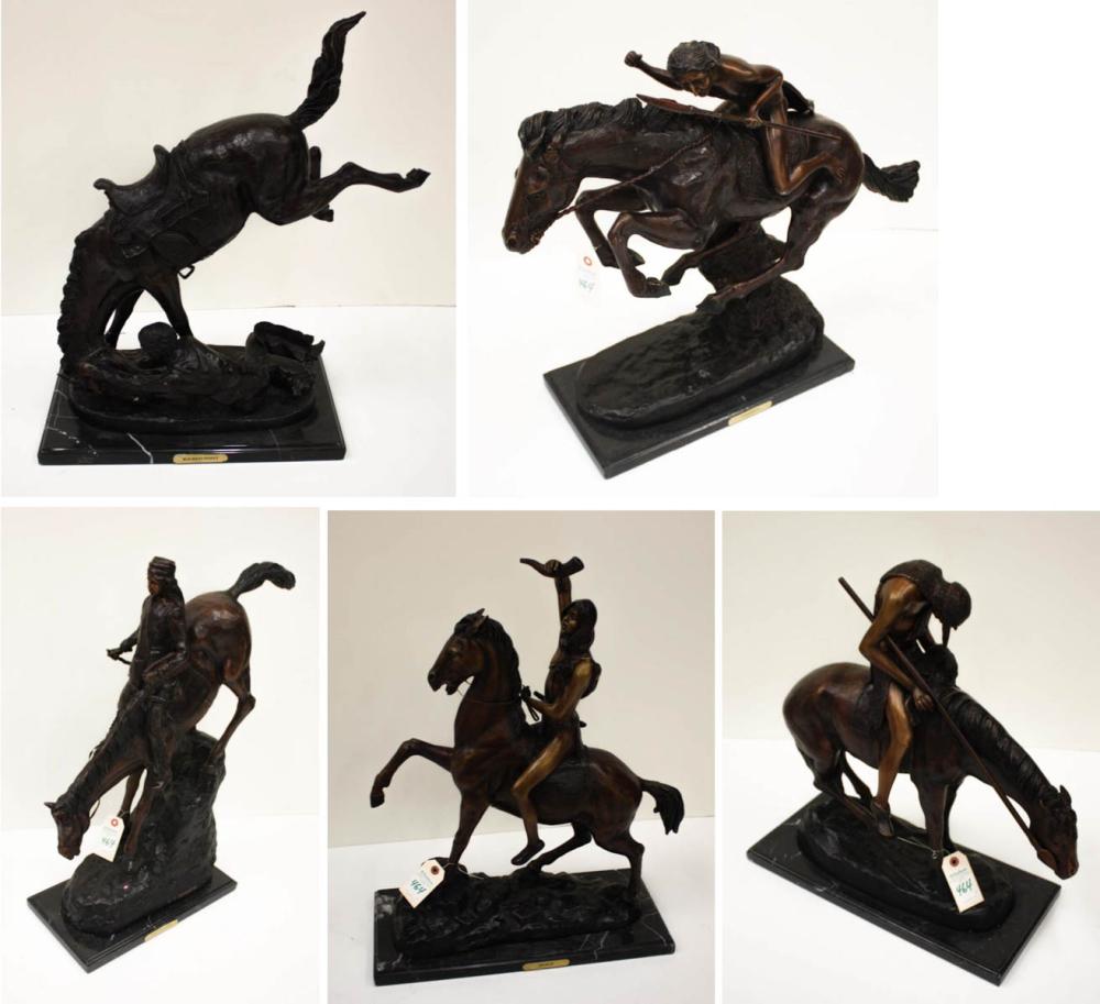 FIVE WESTERN BRONZE HORSE & RIDER