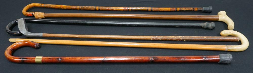 FIVE WOOD WALKING STICKS AND