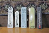 FIVE WOODEN ADVERTISING THERMO