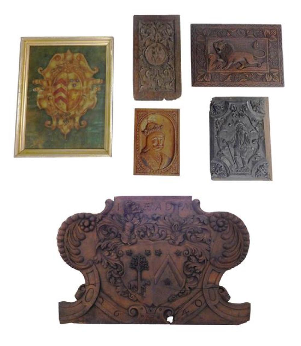 FIVE WOODEN CARVED PANELS,