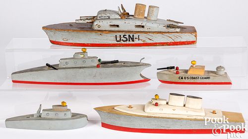 FIVE WOODEN TOY BOATSFive wooden