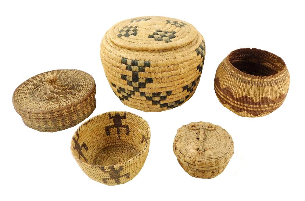 FIVE WOVEN BASKETS INCLUDING