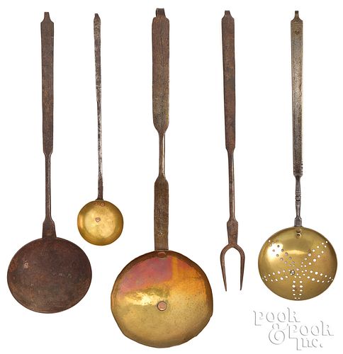 FIVE WROUGHT IRON AND BRASS