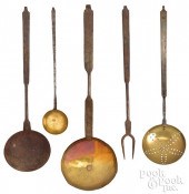 FIVE WROUGHT IRON AND BRASS UT