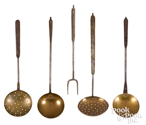 FIVE WROUGHT IRON AND BRASS