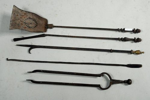 FIVE WROUGHT IRON & BRASS FIREPLACE