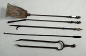 FIVE WROUGHT IRON & BRASS FIRE