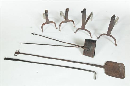 FIVE WROUGHT IRON FIREPLACE ITEMS.