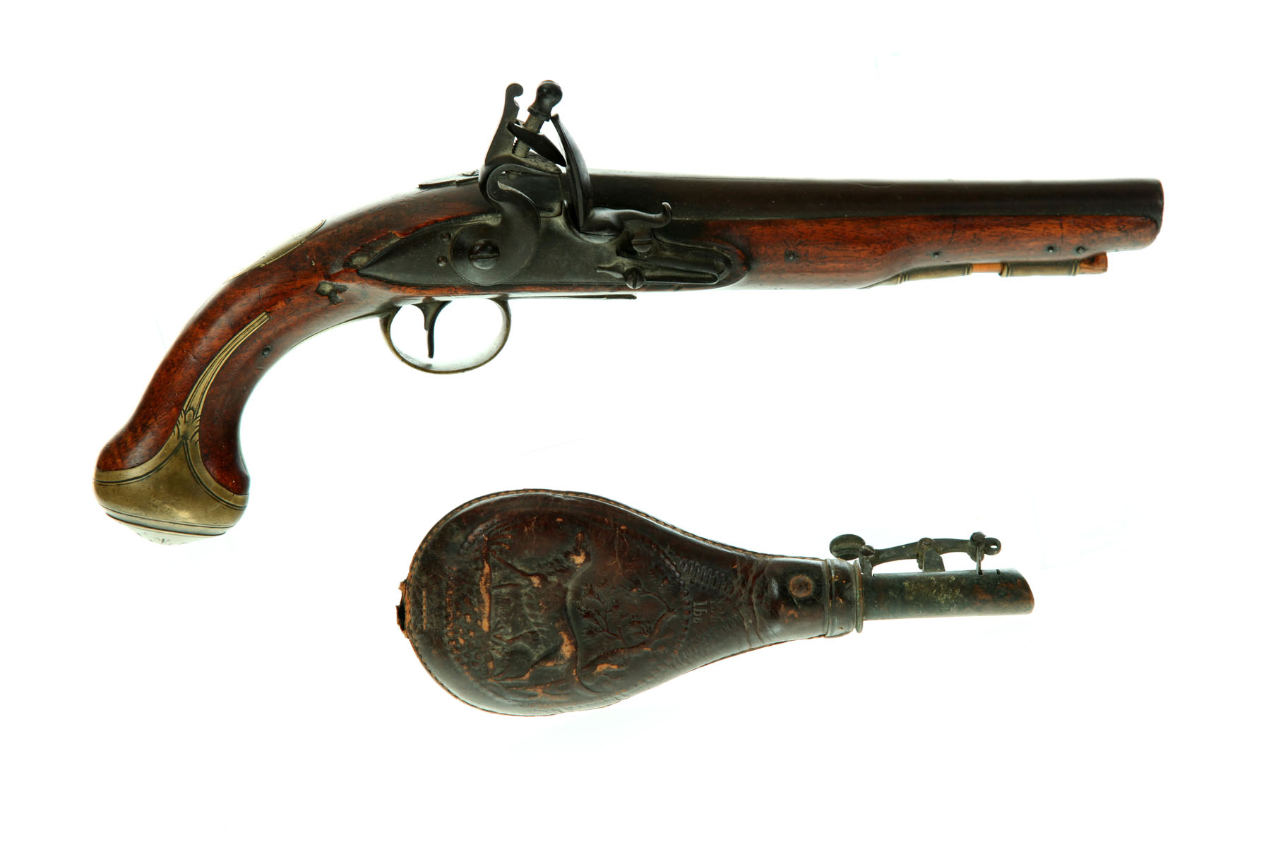 FLINTLOCK PISTOL AND FLASK. 