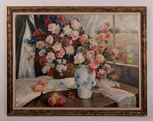 FLORAL STILL LIFE W/ BLUE & WHITE