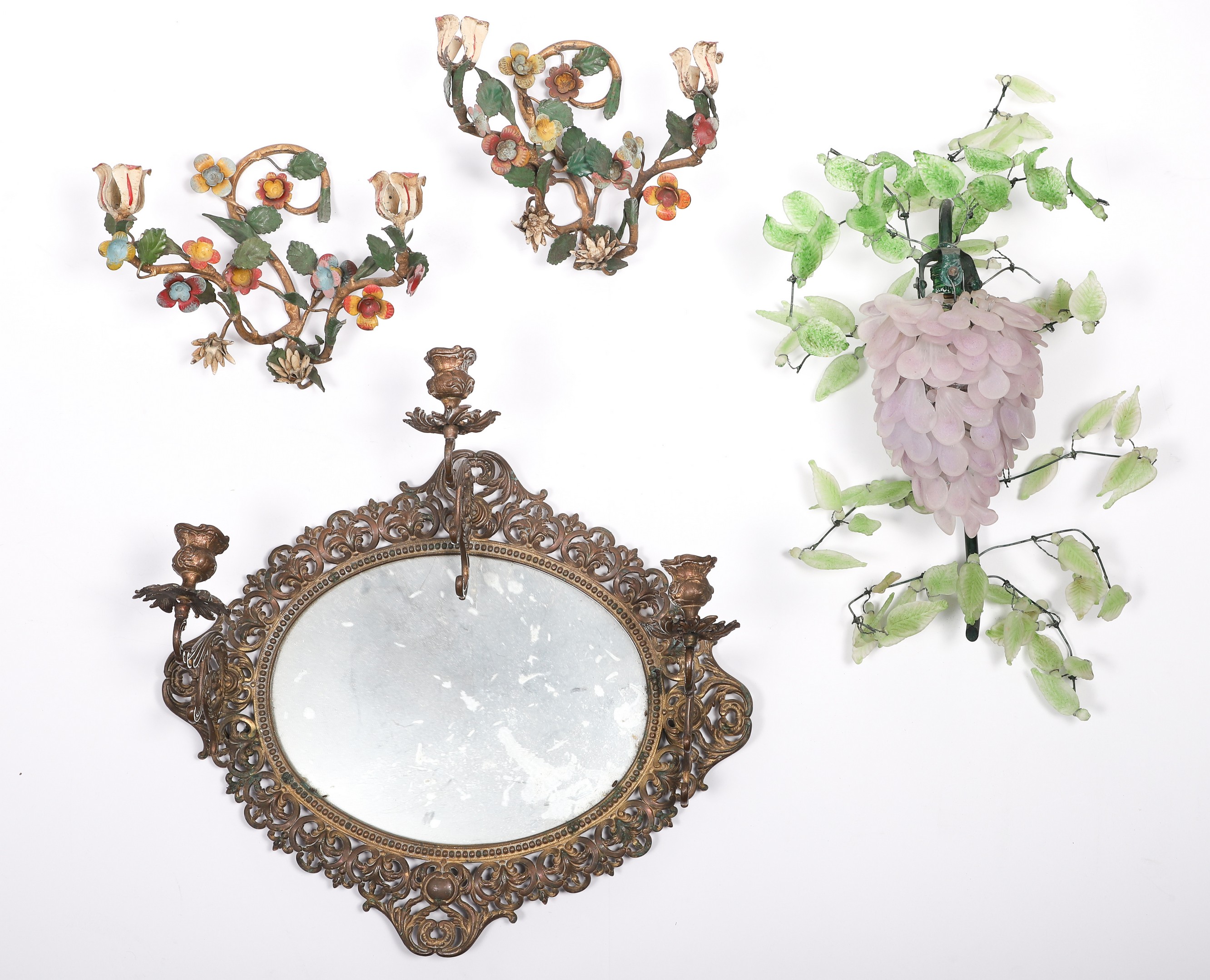 Floral tole style sconces, glass