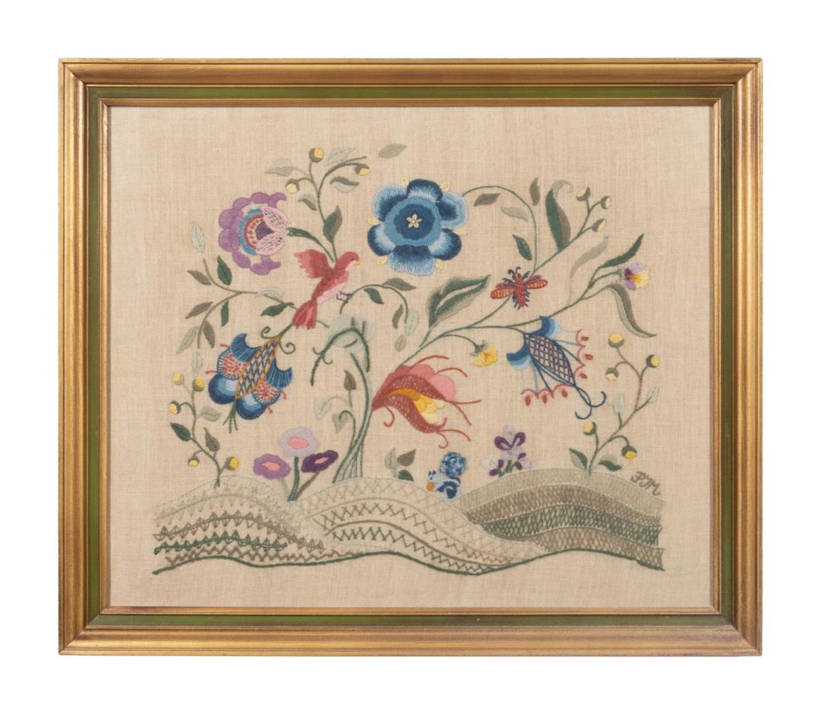 FLORAL WOOL CREWELWORK ON LINEN,